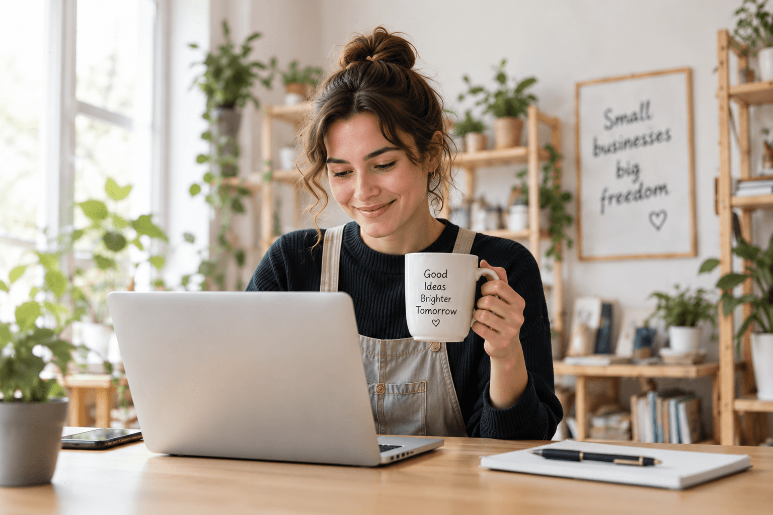 A freelancer relaxing at her desk with a laptop and a mug, moments after sending an invoice with Stalwa