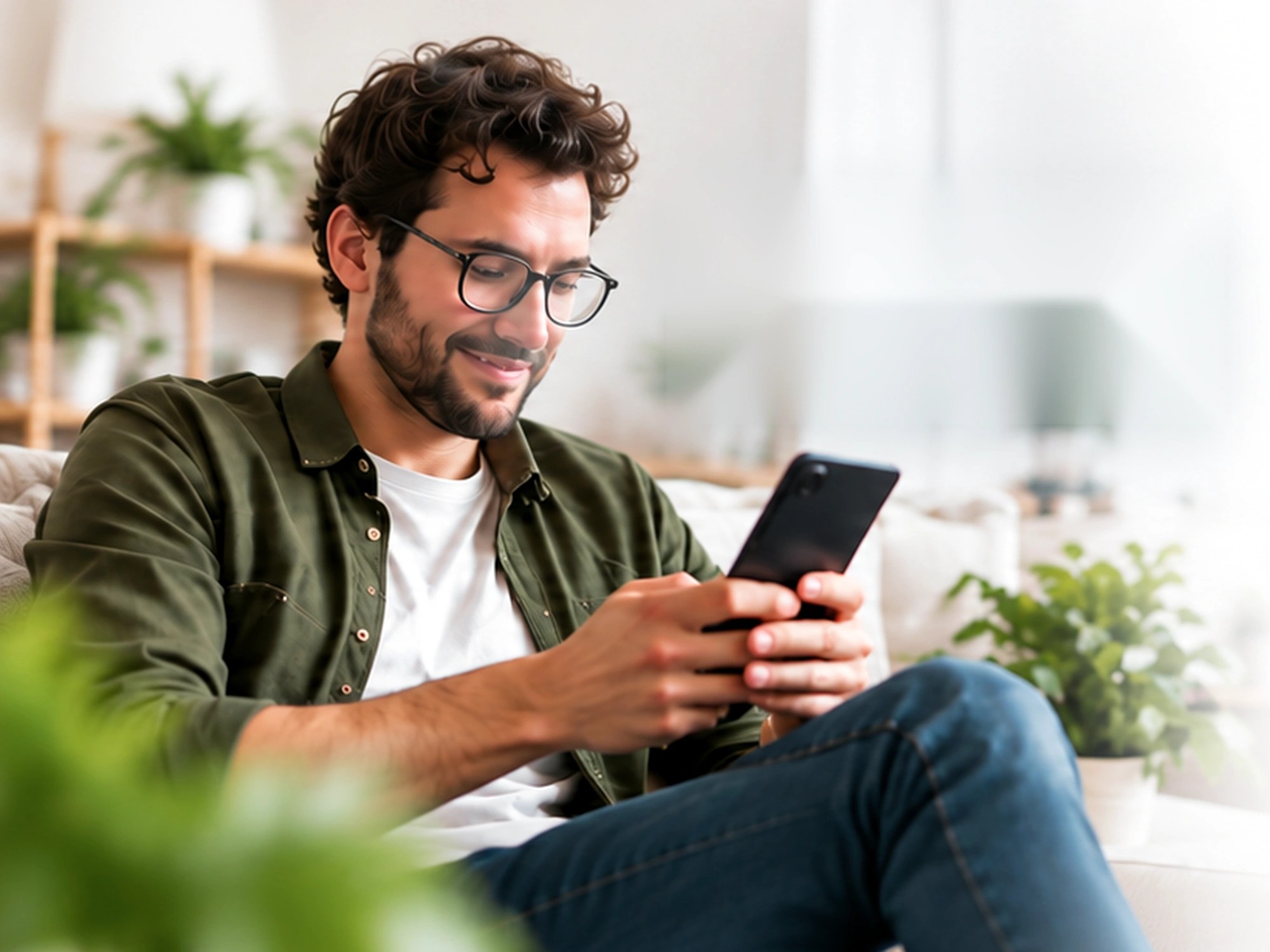 A freelancer relaxing on his sofa, smiling at his phone at home
