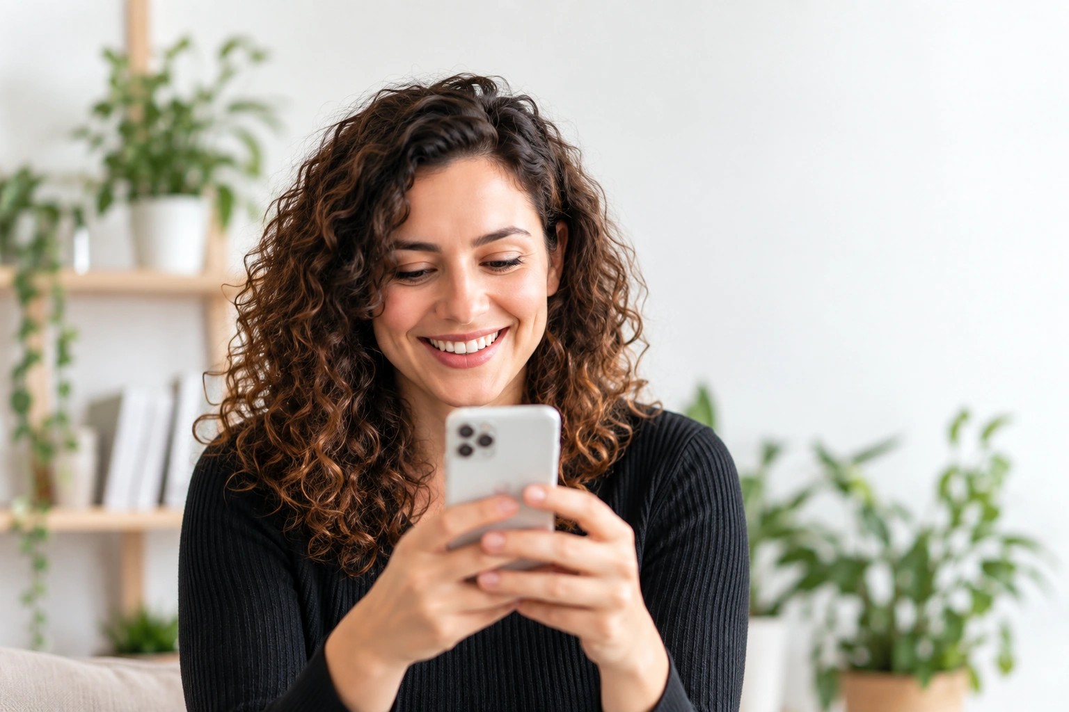 A smiling freelancer checking her phone at home